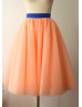 Peach Pink Tulle Royal Blue Satin Belt Short Skirt